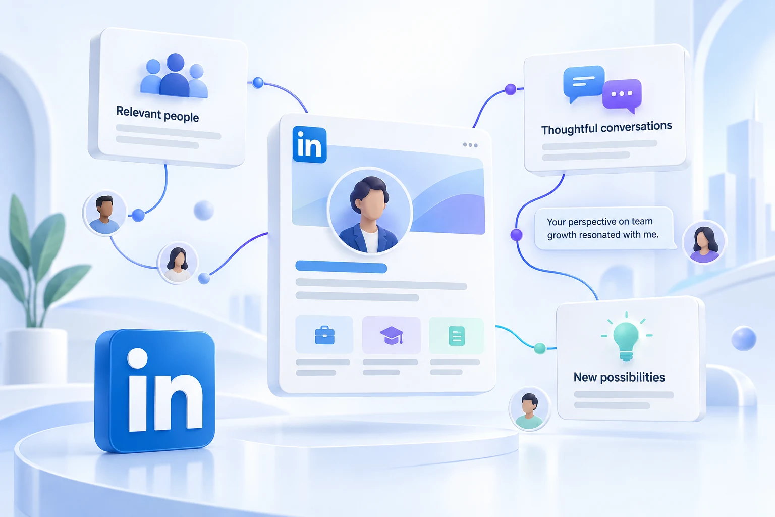 Conceptual LinkedIn profile connected to relevant people, thoughtful conversations and new possibilities through blue and violet network paths.